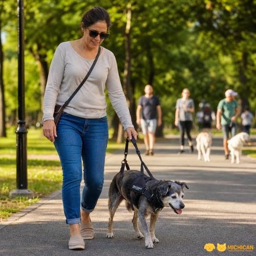 Mujer utilizando un equipo de apoyo para mascotas en el parque