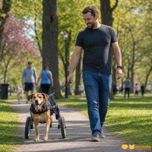 Tutor paseando a su perro discapacitado en silla de ruedas trasera en el parque