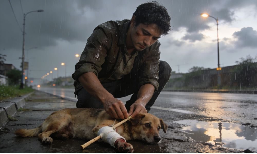 Persona brindando primeros auxilios a un perro herido en la calle, inmovilizando su pata fracturada bajo la lluvia antes de llevarlo al veterinario. (see the generated image above)
