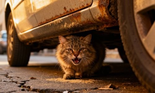 Gato callejero asustado debajo de un carro estacionado, mostrando los dientes mientras se esconde en la calle.