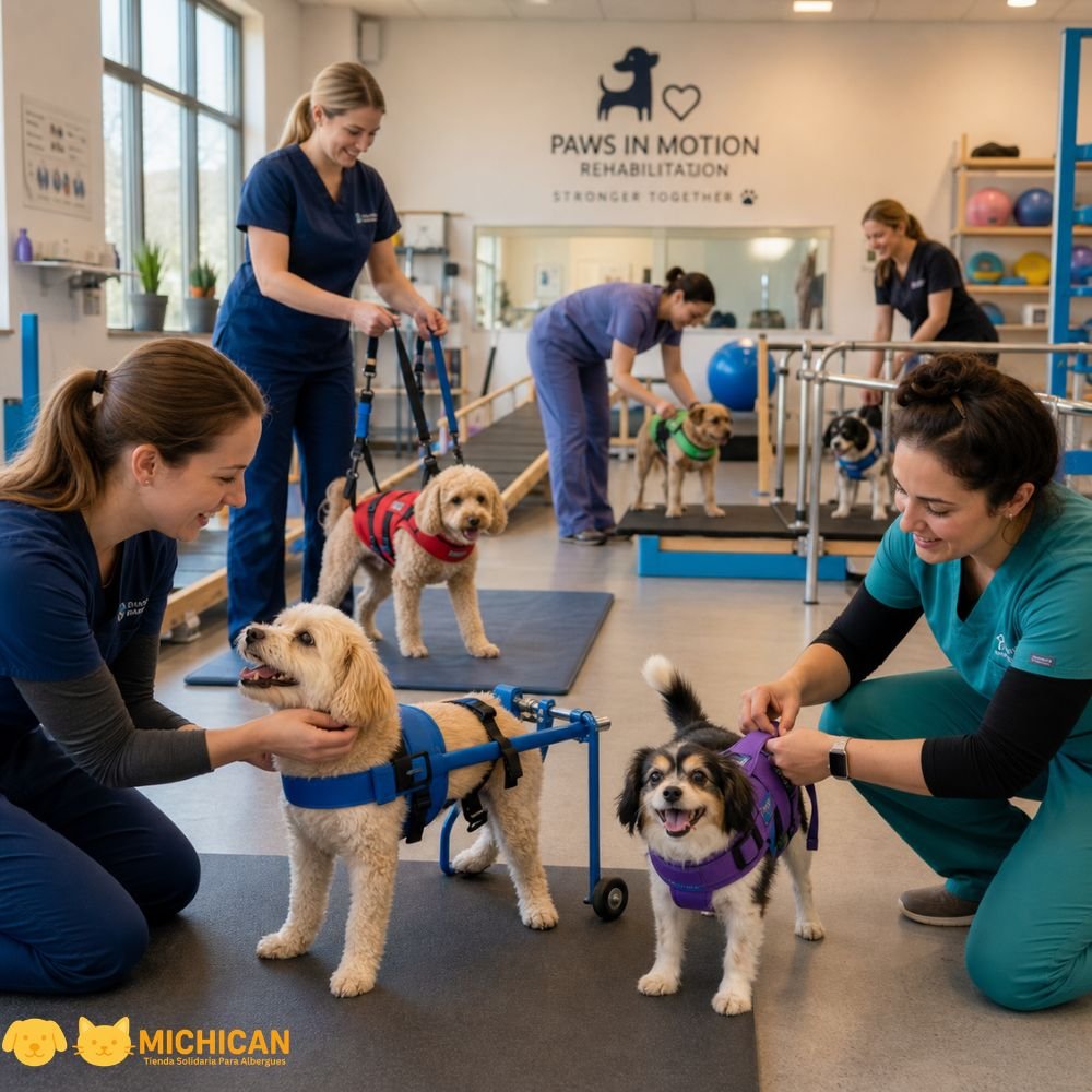 Fisioterapia con arnés ortopédico para perros pequeños con discapacidad en un centro de rehabilitación veterinaria.