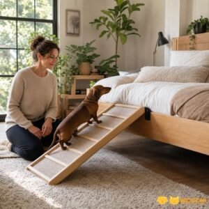 Rampa para perros para cama protegiendo la columna de un perro salchicha.