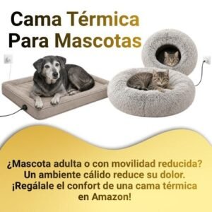 Cama térmica para mascotas con perros y gatos descansando en tapete y cama circular terapéutica.