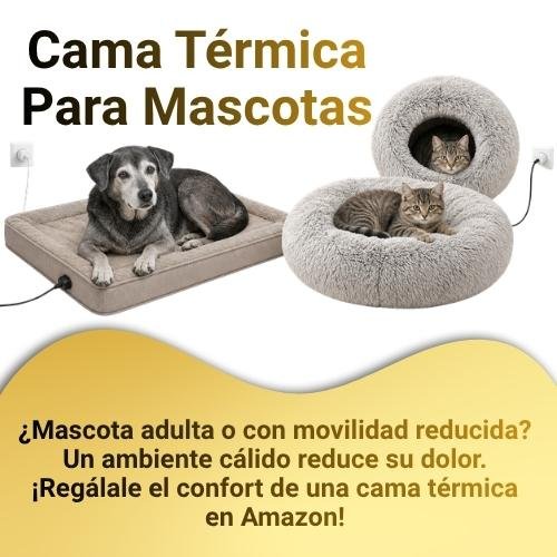 Cama térmica para mascotas con perros y gatos descansando en tapete y cama circular terapéutica.