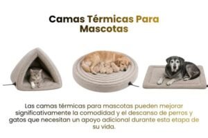 cama térmica para mascotas en salud animal de distintos diseños sobre fondo blanco, incluyendo tipi triangular, cama cuadrada y tapete térmico para perros y gatos